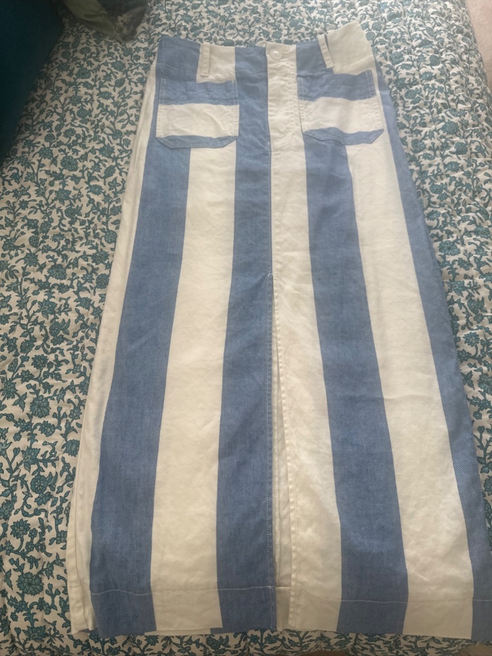 Anthropologie Colette Linen Maxi Skirt Stripes Patch Pockets Blue Slit Sz Medium - Picture 3 of 11